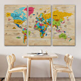 Harita Sepeti Ahşap Görünümlü Türkçe Dünya Haritası Sembollü Eğitici Kanvas Tablo 2939