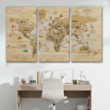 Harita Sepeti Ahşap Görünümlü Türkçe Dünya Haritası Sembollü Eğitici Kanvas Tablo 2945