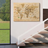 Harita Sepeti Ahşap Görünümlü Türkçe Dünya Haritası Sembollü Eğitici Kanvas Tablo 2945