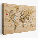 Harita Sepeti Ahşap Görünümlü Türkçe Dünya Haritası Sembollü Eğitici Kanvas Tablo 2945