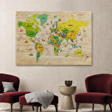 Harita Sepeti Ahşap Görünümlü Türkçe Dünya Haritası Sembollü Eğitici Kanvas Tablo 2947