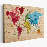 Harita Sepeti Ahşap Görünümlü Türkçe Dünya Haritası Sembollü Eğitici Kanvas Tablo 2949