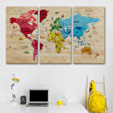 Harita Sepeti Ahşap Görünümlü Türkçe Dünya Haritası Sembollü Eğitici Kanvas Tablo 2949