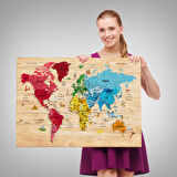 Harita Sepeti Ahşap Görünümlü Türkçe Dünya Haritası Sembollü Eğitici Kanvas Tablo 2949