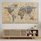 Harita Sepeti Ahşap Görünümlü Dünya Haritası Sembollü Eğitici Dekoratif Tablo-2950