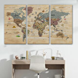 Harita Sepeti Ahşap Görünümlü Türkçe Dünya Haritası Sembollü Eğitici Dekoratif Kanvas Tablo 2951