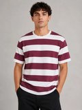 Modi Green Erkek Çizgili Oversize Tişört Bisiklet Yaka Kısa Kol Yazlık T-Shirt - Bordo