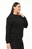 Kadın Büyük Beden Basıc Şardonlu Siyah Sweatshirt