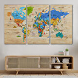 Harita Sepeti Ahşap Görünümlü Dünya Haritası Sembollü Eğitici Dekoratif Kanvas Tablo 2956