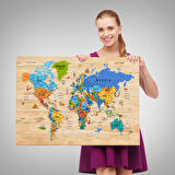 Harita Sepeti Ahşap Görünümlü Dünya Haritası Sembollü Eğitici Dekoratif Kanvas Tablo 2956