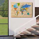 Harita Sepeti Ahşap Görünümlü Dünya Haritası Sembollü Eğitici Dekoratif Kanvas Tablo 2956