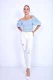 Beyaz Yırtık Skiny Denim Pantolon