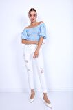 Beyaz Yırtık Skiny Denim Pantolon