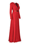 Explosion V Yaka Simli Uzun Kollu Kırmızı Kadın Abiye 22457378