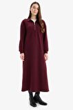 DeFacto Loose Fit Fermuarlı Polo Yaka Selanik Kumaş Basic Düz Uzun Kollu Midi Elbise F1640AX25SPBR204