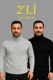 Modi Green Erkek Fitilli Triko Kazak 2li Set Gri Siyah Regular Balıkcı Yaka Tam Boğazlı Triko Seti Modeli Kazak