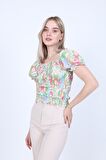 Gofreli Gipeli Meyve Desen Crop Bluz