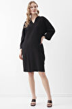 V Yaka Kolu Düğme Detaylı Cepli Elbise