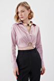 Bel Kısmı Detaylı Crop Saten Bluz
