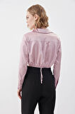 Bel Kısmı Detaylı Crop Saten Bluz