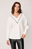 Kapüşonlu V Yaka Örme Sweatshirt