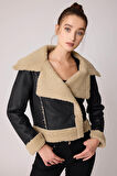 Önü Düğmeli Kürklü Crop Biker Ceket