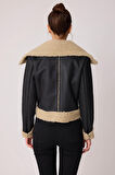 Önü Düğmeli Kürklü Crop Biker Ceket