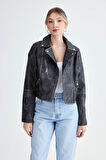 Fermuarlı Suni Deri Crop Biker Ceket