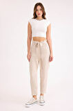 Yüksek Bel Kuşaklı Viskon Keten Pantolon