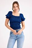 Kare Yaka Viskon Keten Crop Bluz