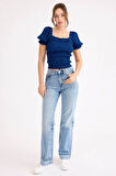 Kare Yaka Viskon Keten Crop Bluz