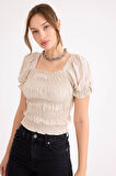 Kare Yaka Viskon Keten Crop Bluz