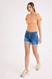Kare Yaka Viskon Keten Crop Bluz