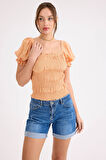 Kare Yaka Viskon Keten Crop Bluz