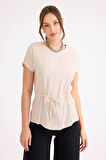 Yuvarlak Yaka Beli Büzgülü Keten Bluz