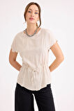 Yuvarlak Yaka Beli Büzgülü Keten Bluz