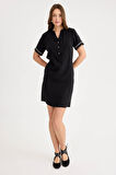 Hakim Yaka Düğmeli Kısa Kol Cepli Elbise