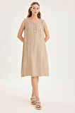 Sedef Düğmeli Sıfır Kol Keten Elbise
