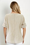 Geniş Yaka Yarım Kol Keten Bluz
