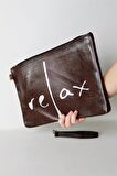 Kadın Vegan Deri Clutch Fermuarlı Kahverengi Baskılı Omuz Çantası