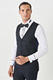 Erkek Lacivert Slim Fit Dar Kesim Kırlangıç Yaka Desenli Yelekli Smokin Takım