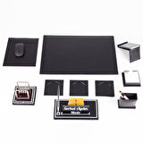 Opta 10 Parça Denge Topu Biblolu Siyah Deri Sümen Seti Takımı Gümüş Ofis Masa İsimliği Lüks İsimlik