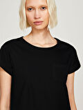 %100 Pamuk Geniş Bisiklet Yaka Dar Kesim Düz T-Shirt Kadın Siyah T-Shirt - 324P3I1XL1058
