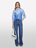 Payetli Tül Detaylı Astarlı V Yaka Askılı Üst Kadın Mavi Bluz - 325P5ZQWLH01K