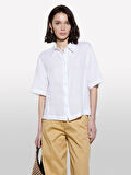 %100 Keten Kısa Kollu Gömlek Kadın Beyaz Gömlek - 325P5BMLLQ08U