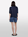 %100 Keten Kısa Kollu Gömlek Kadın Lacivert Gömlek - 325P5BMLLQ08U