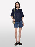 %100 Keten Kısa Kollu Gömlek Kadın Lacivert Gömlek - 325P5BMLLQ08U
