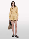 %100 Keten Düğmeli Göğüs Cepli Uzun Kollu Gömlek Kadın Sarı Gömlek - 325P5BMLLQ06S