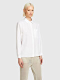 %100 Keten Düğmeli Göğüs Cepli Uzun Kollu Gömlek Kadın Beyaz Gömlek - 325P5BMLLQ06S