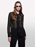 Önü Fırfır Detaylı Regular Fit Gömlek Kadın Siyah Gömlek - 325A5NOXLQ09T